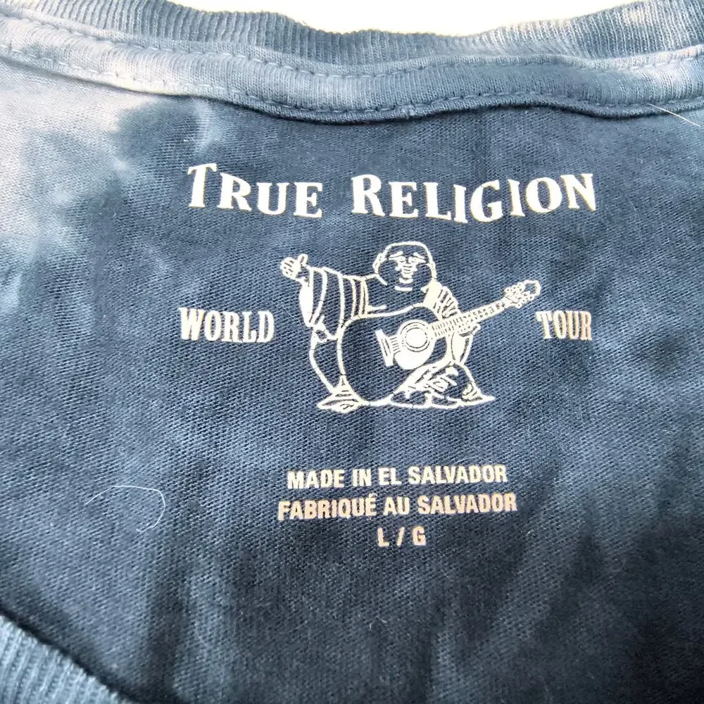True Religion Casual Crew Neck Short Sleeve Graphic Shirt Mens Size L Blue White